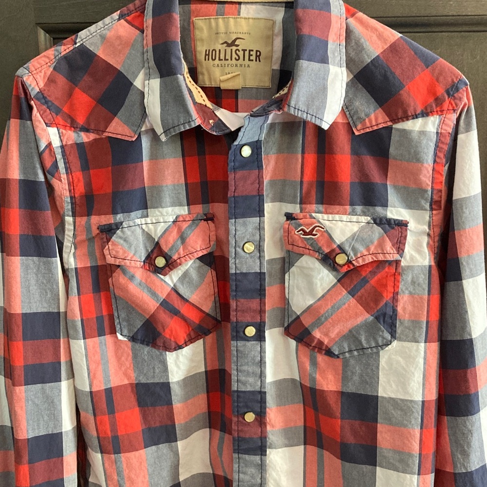 Hollister Western Button-Up Red, Blue & White Plaid Shirt Men Large